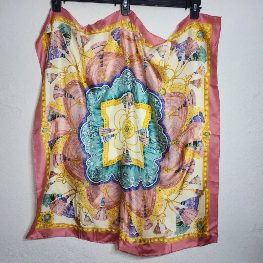 Smithsonian Institution Scarf Silk Square Pink Gold 1992 Reproduction Japan